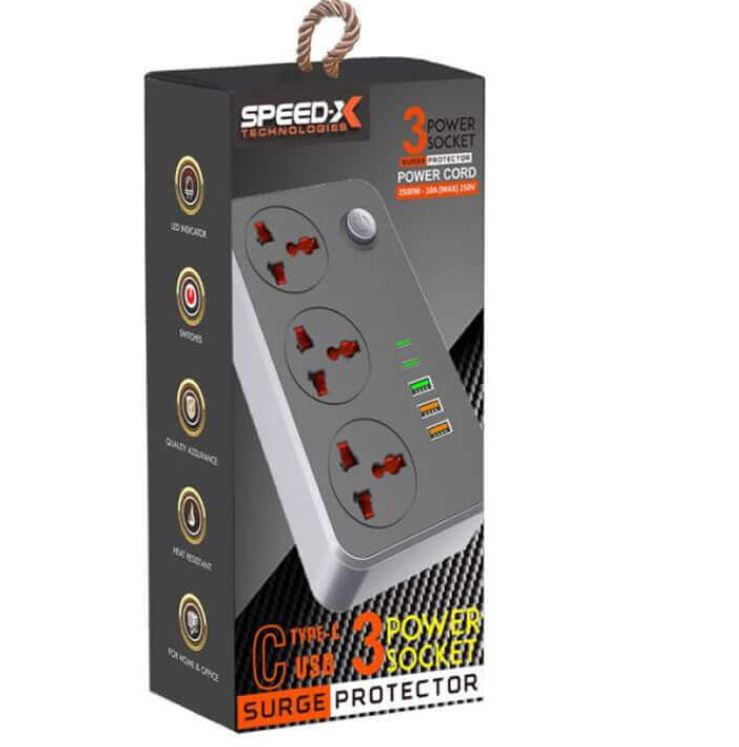 603pu 02 Power Extension 603PU Multi-Socket Speed-X 8 In 1 2500W Output Capacity Universal 3 Power Sockets & 2 USB-C Ports With 3 USB Quick Charge Ports 2M Power Cable Compatible For Home Office Electrical Appliances Computers Laptops Printers Modems Speakers - Image 1
