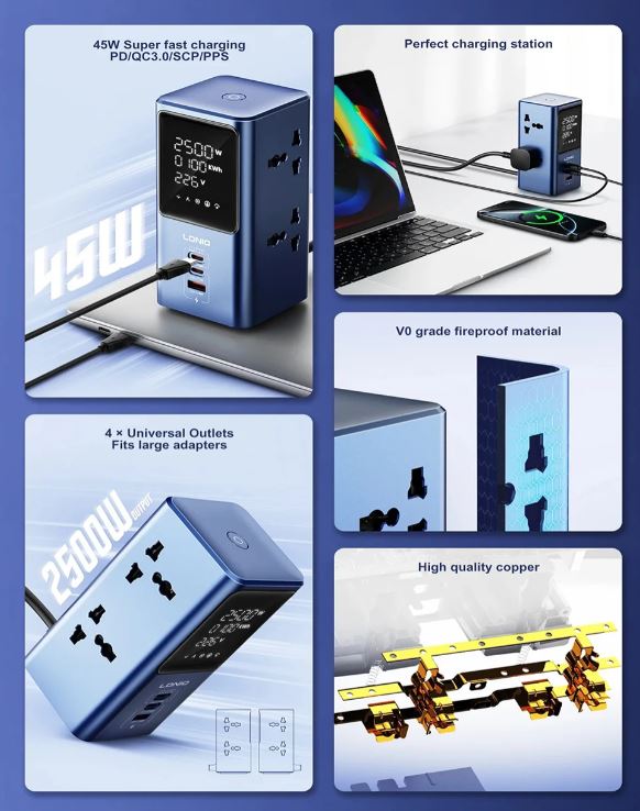 sc2 7 02 Multi-Purpose Tower Extension Power Socket SC2 45W Fast Charging LED Display Light LDNIO 7 In 1 2500W High-Power Output Capacity Universal 4 Power Sockets & 2 USB-C PD Ports With 1 USB-A QC Ports 2M Heavy Power Cable Compatible With Home Offices Workstations Gaming Setups Travel Use - Image 1