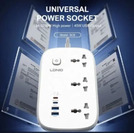 Power Extension   SC6 Premium Multi-Socket LDNIO 7 In 1 3250W High-Power Output Capacity   Universal  3 Power Sockets & 2 USB-C  Ports PD Fast Charging 45W Up to With 2 USB-A  Ports  2M  Heavy Power Cable