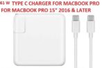 Apple MacBook Pro 13  Inch Type-C  61W Power Adapter Charger 2016 2017 2018   For  A1707  A1534